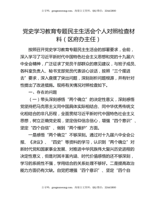 党史学习教育专题民主生活会个人对照检查材料（区府办主任）