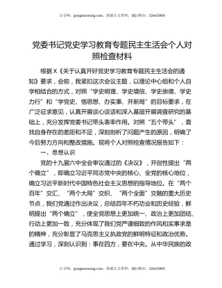 党委书记党史学习教育专题民主生活会个人对照检查材料