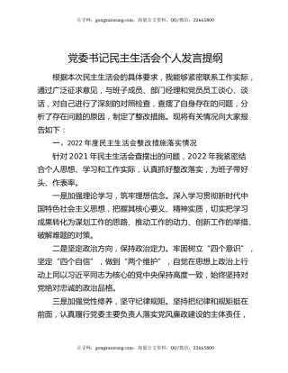 党委书记民主生活会个人发言提纲
