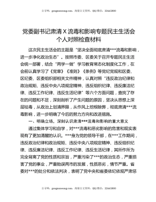 党委副书记肃清x流毒和影响专题民主生活会个人对照检查材料
