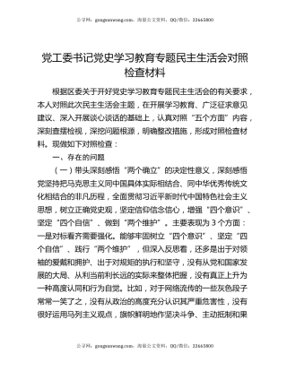 党工委书记党史学习教育专题民主生活会对照检查材料
