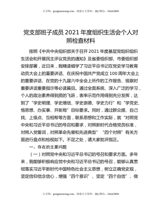 党支部班子成员2021年度组织生活会个人对照检查材料