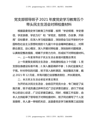 党支部领导班子2021年度党史学习教育五个带头民主生活会对照检查材料