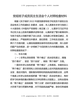 党组班子成员民主生活会个人对照检查材料