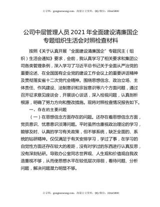 公司中层管理人员2021年全面建设清廉国企专题组织生活会对照检查材料