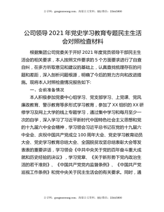 公司领导2021年党史学习教育专题民主生活会对照检查材料
