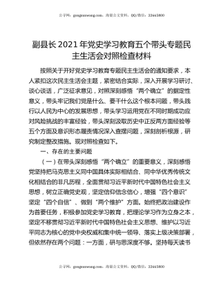 副县长2021年党史学习教育五个带头专题民主生活会对照检查材料48857