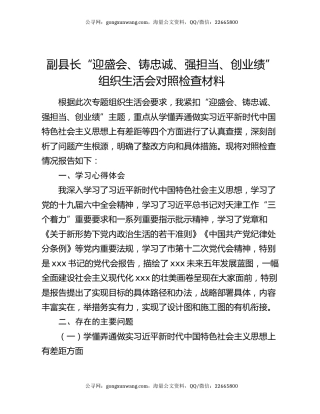 副县长“迎盛会、铸忠诚、强担当、创业绩”组织生活会对照检查材料