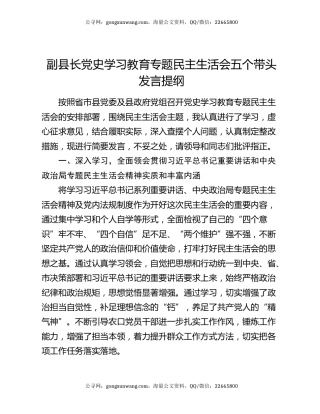 副县长党史学习教育专题民主生活会五个带头发言提纲