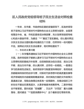 区人民政府党组领导班子民主生活会对照检查材料