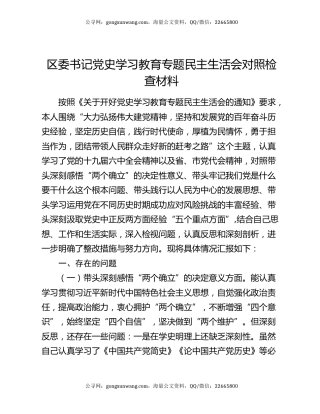区委书记党史学习教育专题民主生活会对照检查材料