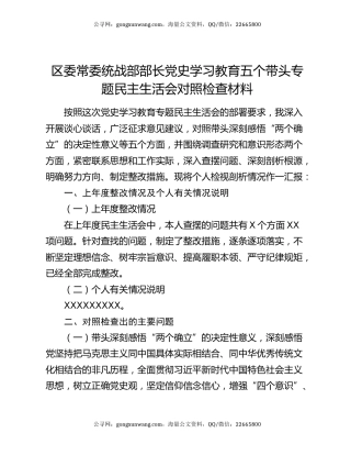 区委常委统战部部长党史学习教育五个带头专题民主生活会对照检查材料