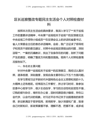 区长巡察整改专题民主生活会个人对照检查材料