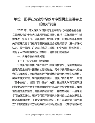 单位一把手在党史学习教育专题民主生活会上的剖析发言