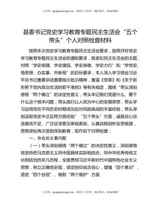 县委书记党史学习教育专题民主生活会“五个带头”个人对照检查材料