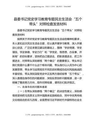 县委书记党史学习教育专题民主生活会“五个带头”对照检查发言材料