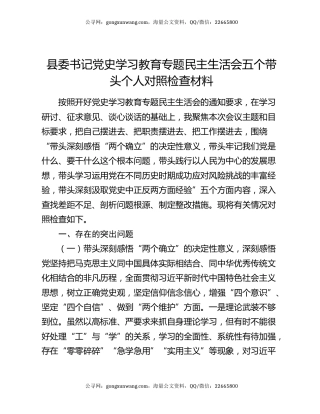 县委书记党史学习教育专题民主生活会五个带头个人对照检查材料
