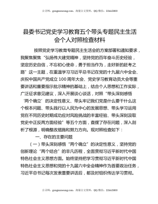 县委书记党史学习教育五个带头专题民主生活会个人对照检查材料
