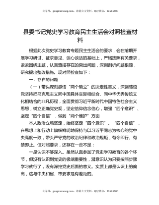 县委书记党史学习教育民主生活会对照检查材料