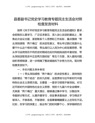 县委副书记党史学习教育专题民主生活会对照检查发言材料