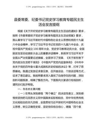 县委常委、纪委书记党史学习教育专题民主生活会发言提纲