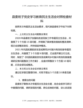县委班子党史学习教育民主生活会对照检查材料