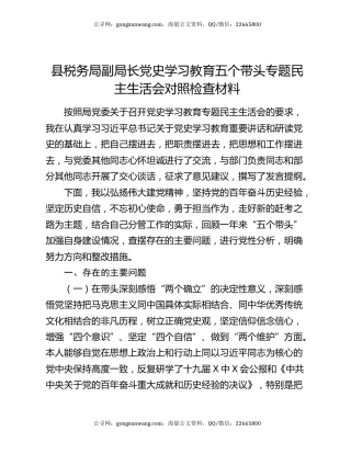 县税务局副局长党史学习教育五个带头专题民主生活会对照检查材料