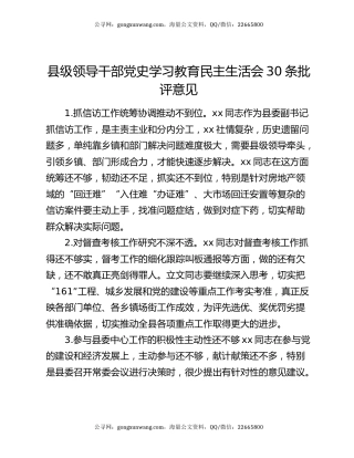 县级领导干部党史学习教育民主生活会30条批评意见