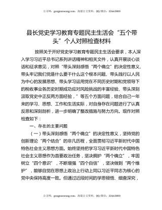 县长党史学习教育专题民主生活会“五个带头”个人对照检查材料
