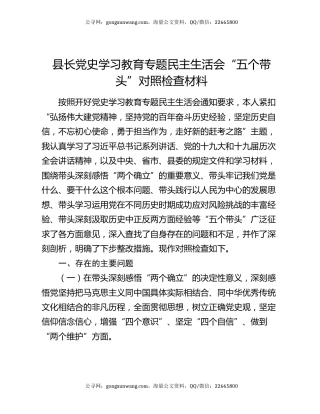 县长党史学习教育专题民主生活会“五个带头”对照检查材料