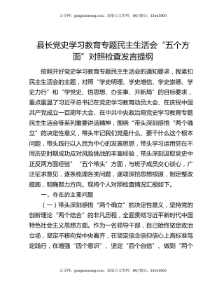 县长党史学习教育专题民主生活会“五个方面”对照检查发言提纲