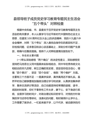 县领导班子成员党史学习教育专题民主生活会“五个带头”对照检查