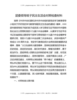 团委领导班子民主生活会对照检查材料