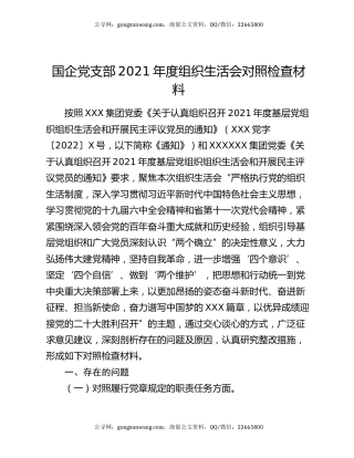 国企党支部2021年度组织生活会对照检查材料