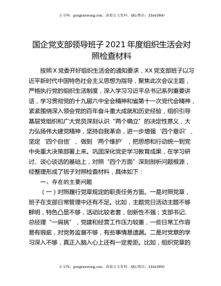 国企党支部领导班子2021年度组织生活会对照检查材料