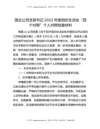 国企公司支部书记2022年度组织生活会“四个对照”个人对照检查材料
