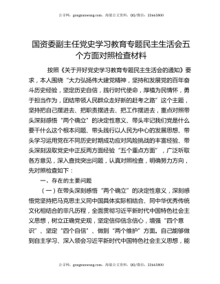 国资委副主任党史学习教育专题民主生活会五个方面对照检查材料