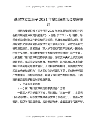 基层党支部班子2021年度组织生活会发言提纲