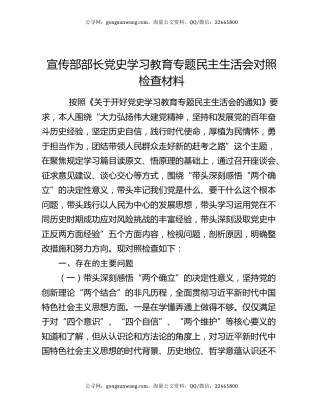 宣传部部长党史学习教育专题民主生活会对照检查材料