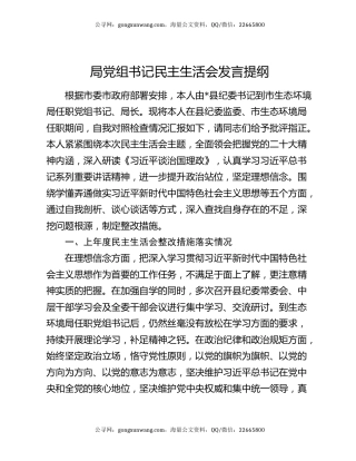 局党组书记民主生活会发言提纲