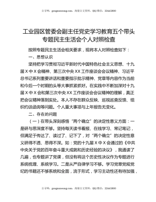 工业园区管委会副主任党史学习教育五个带头专题民主生活会个人对照检查