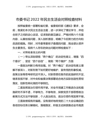 市委书记2022年民主生活会对照检查材料