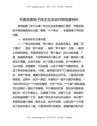 市委党委班子民主生活会对照检查材料