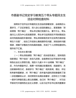 市委副书记党史学习教育五个带头专题民主生活会对照检查材料
