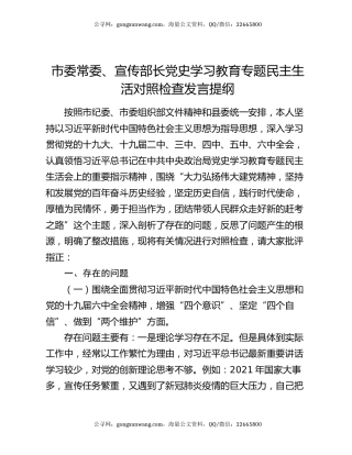 市委常委、宣传部长党史学习教育专题民主生活对照检查发言提纲