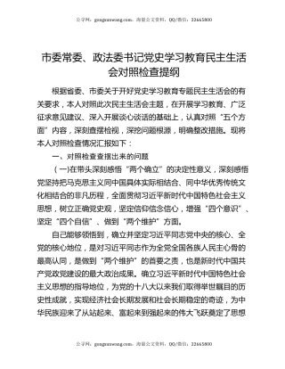 市委常委、政法委书记党史学习教育民主生活会对照检查提纲