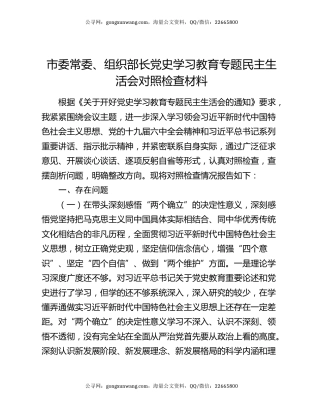 市委常委、组织部长党史学习教育专题民主生活会对照检查材料