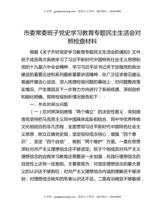 市委常委班子党史学习教育专题民主生活会对照检查材料