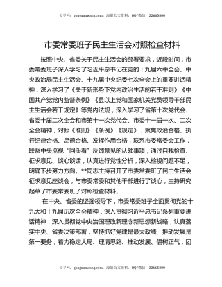 市委常委班子民主生活会对照检查材料