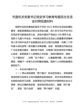 市直机关党委书记党史学习教育专题民主生活会对照检查材料